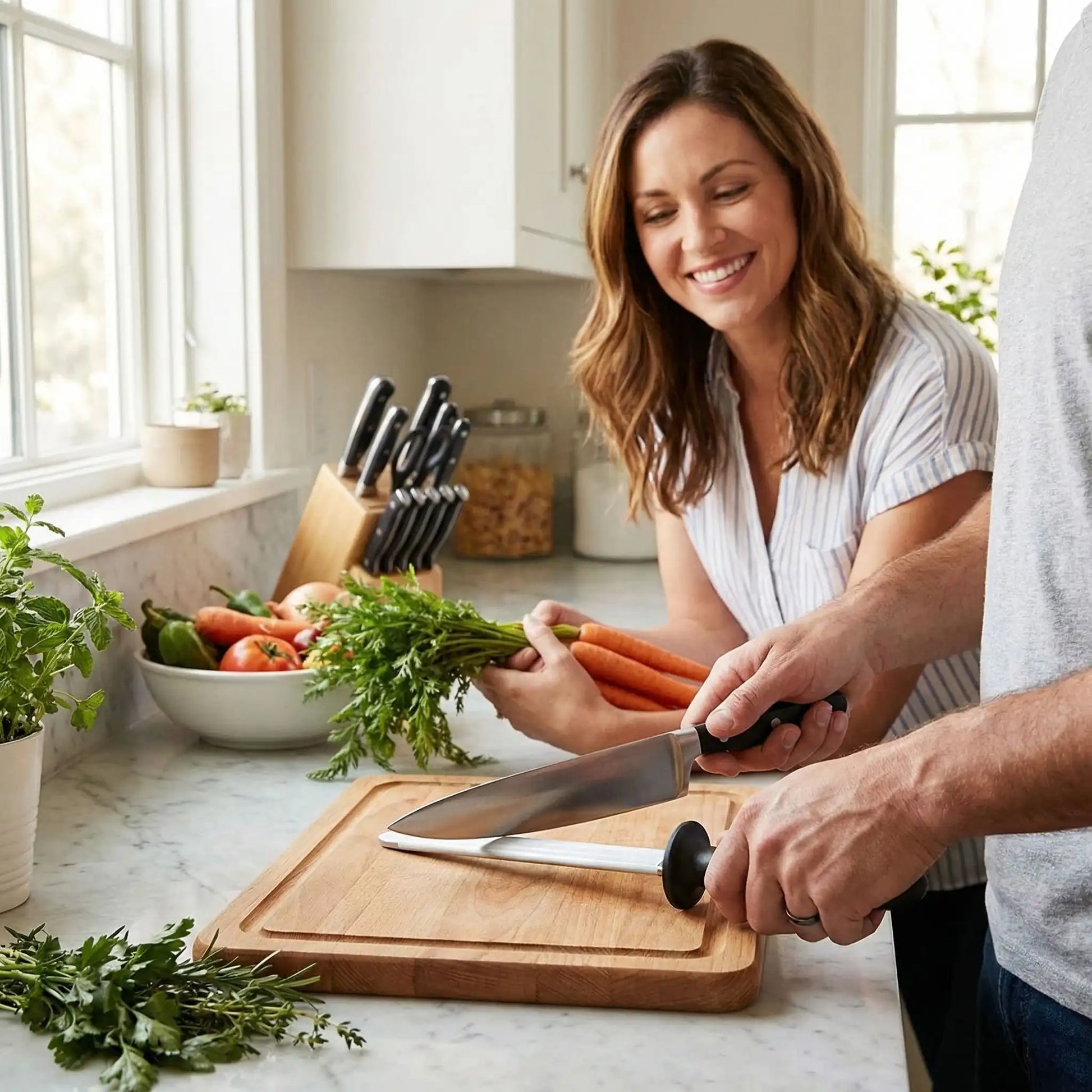 affuteur couteaux mari et femme affutent dans la cuisine