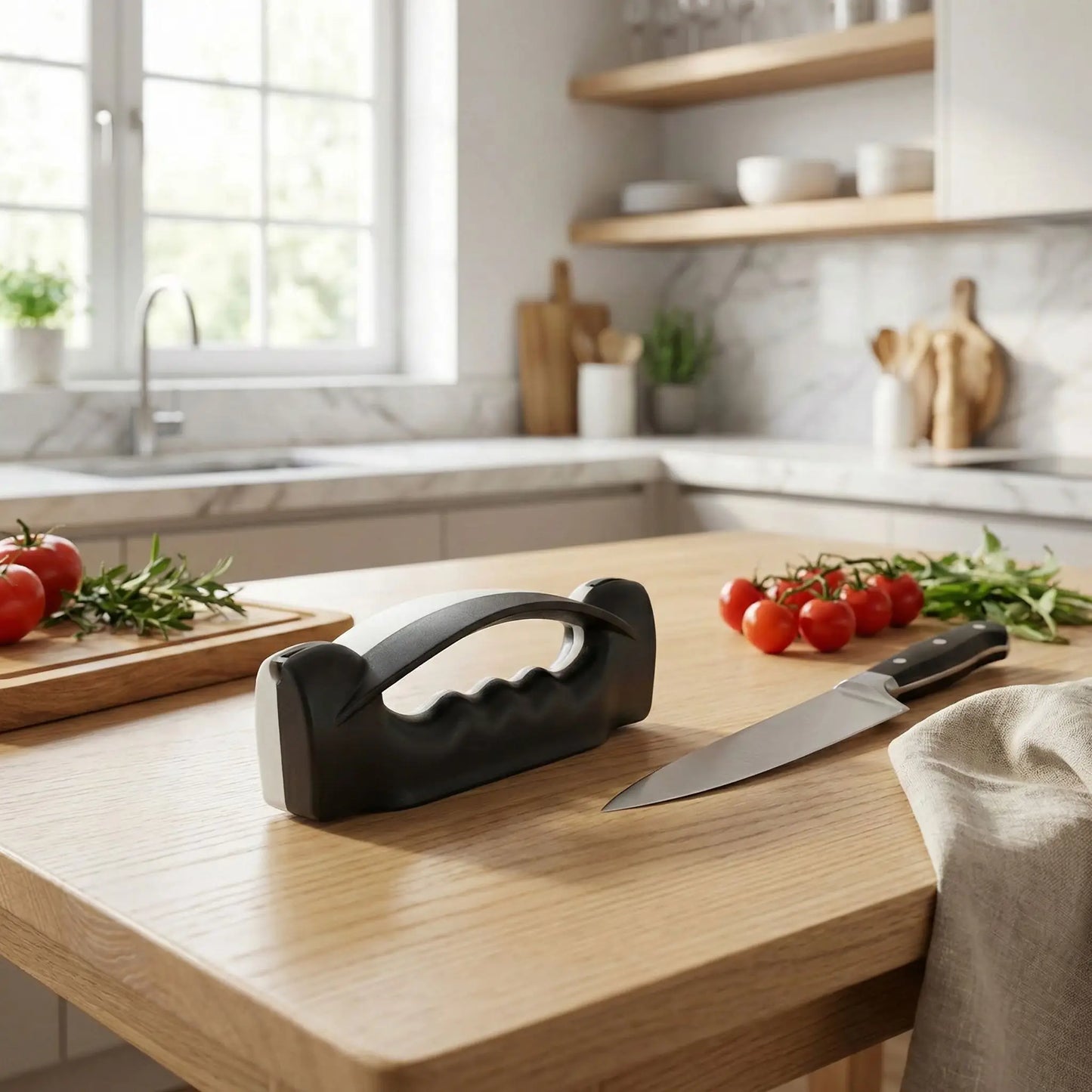 affuteur de couteau sur une table en bois de cuisine