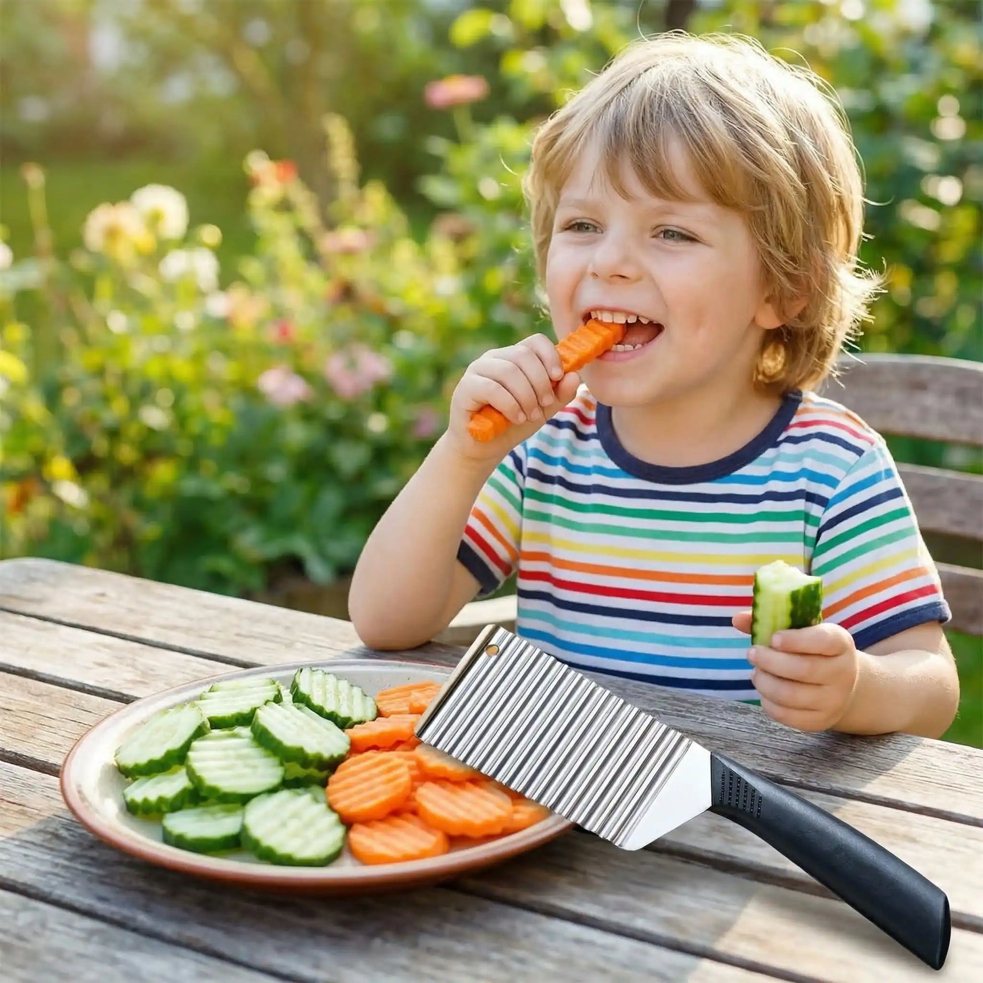 enfant mange des légumes grâce à  coupe frite ondulé 