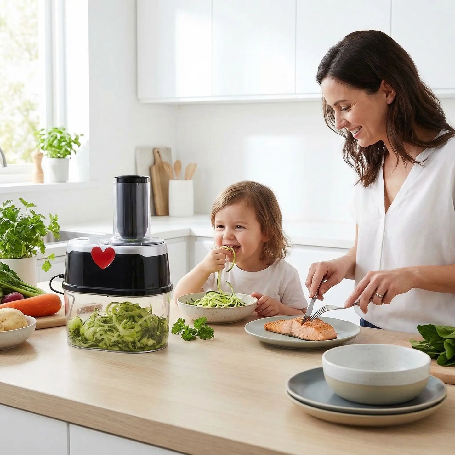 enfant mange des légumes grâce à spiraliseur de legumes electrique