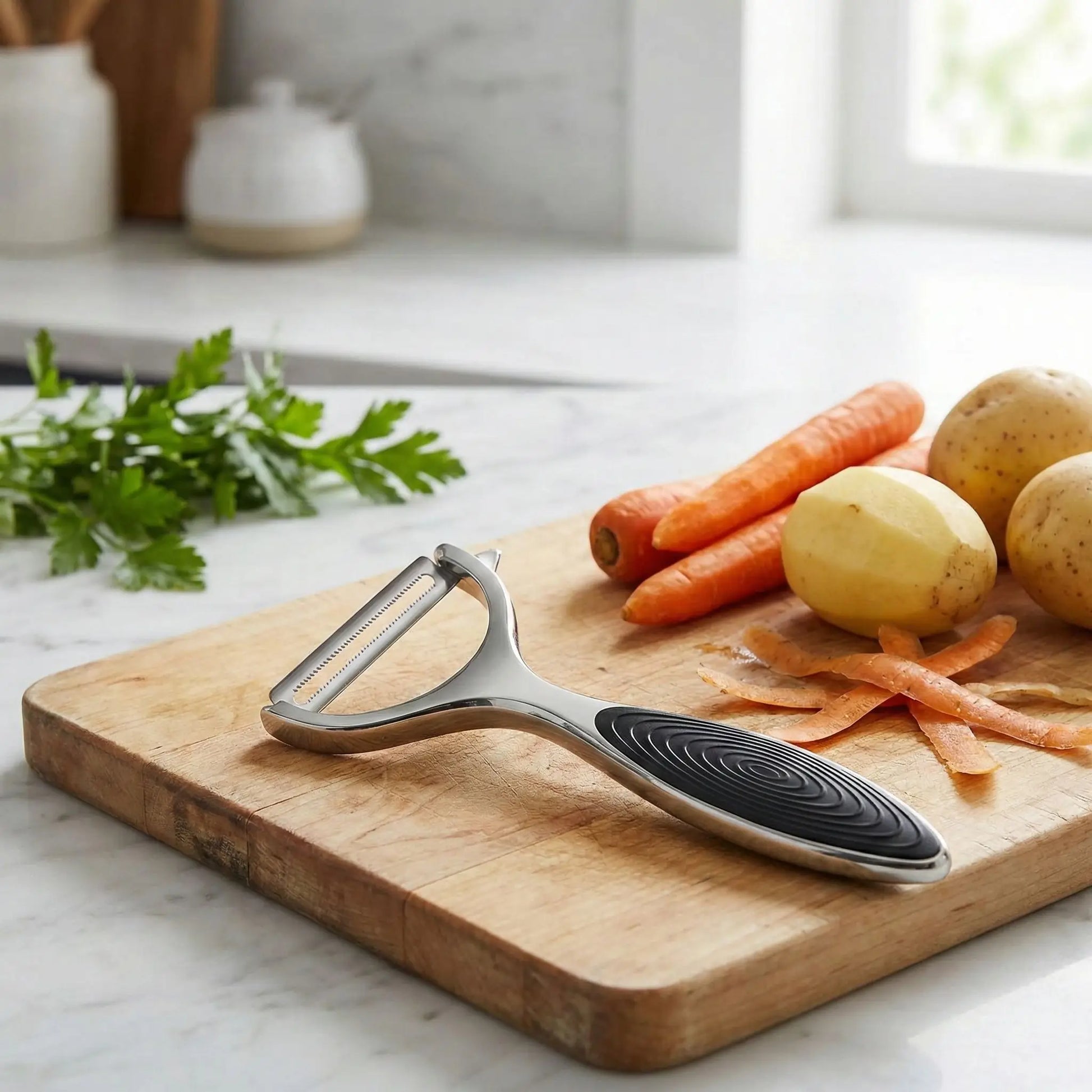 éplucheur à légumes à côté des carottes et pommes de terre