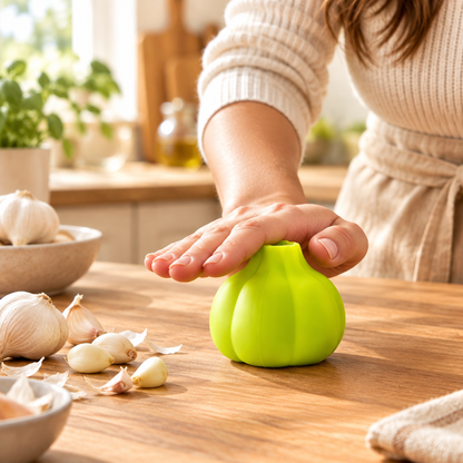 Femme utilisant l’éplucheur d’ail