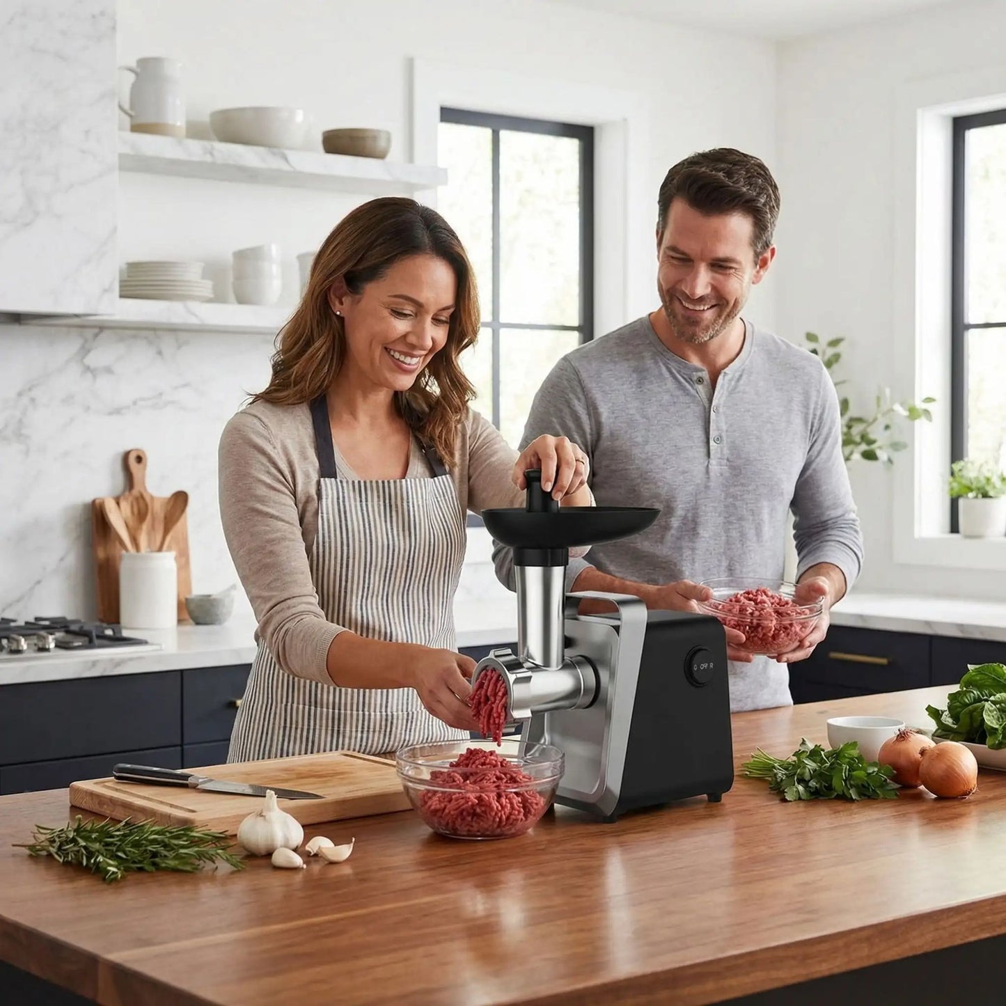 homme et femme hachent la viande avec hachoir à viande