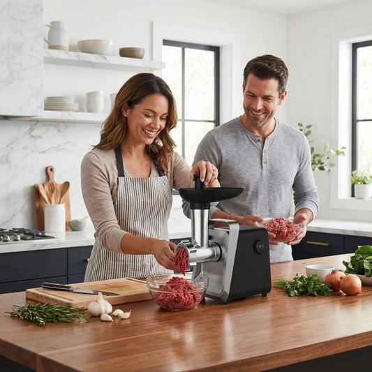 homme et femme hachent la viande avec hachoir à viande