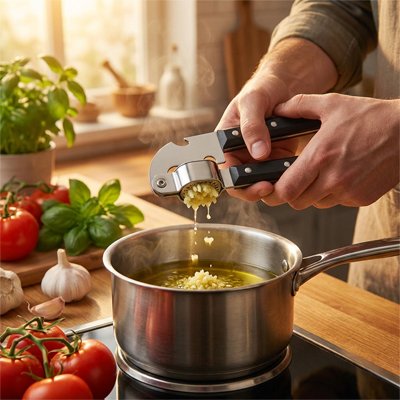 Presse ail coupe directement au dessus de casserole