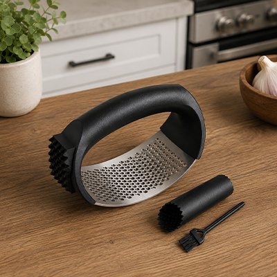 Presse ail en poignée arrondie avec accessoires